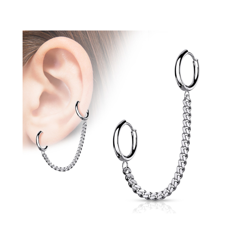 Boucle d'oreille chaîne double créoles en acier chirurgical