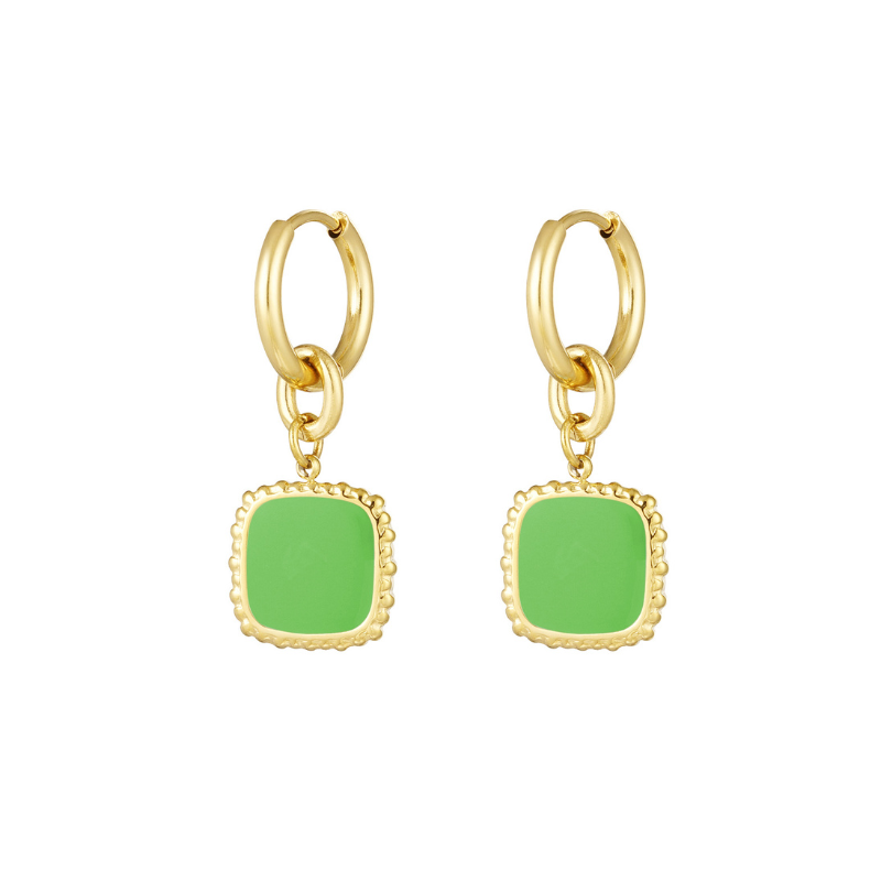 Boucles d'oreilles Nina avec pendentif carré vert ou turquoise - or