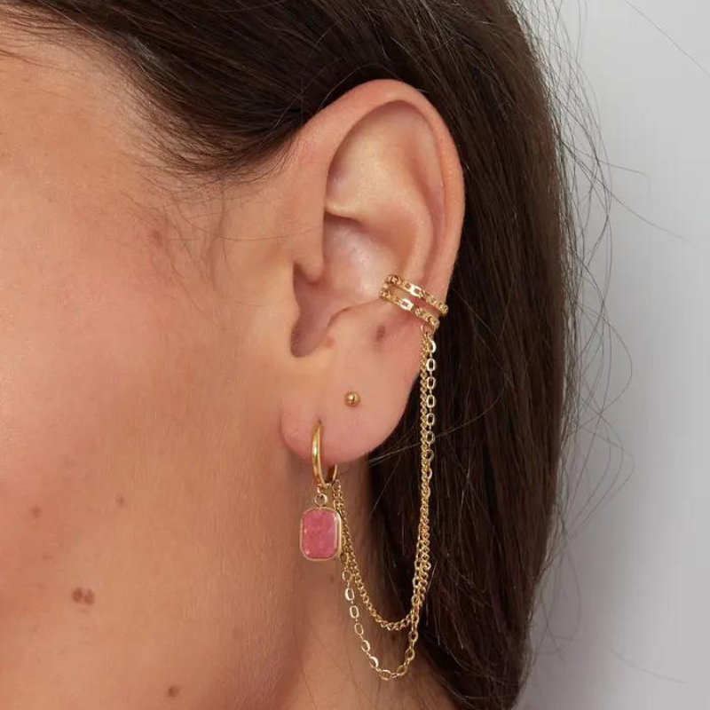 Boucle d'oreille chaîne avec earcuff et pendentif coloré