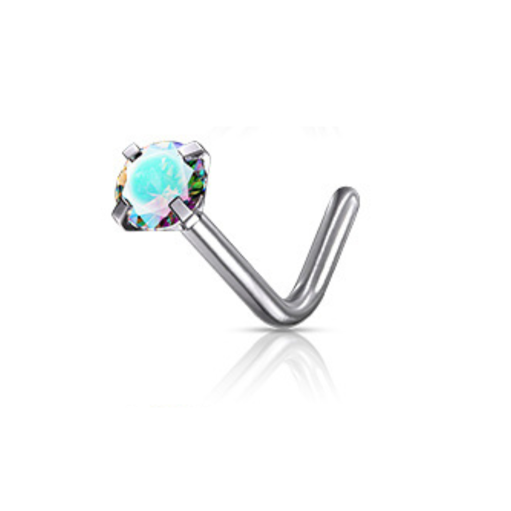 Piercing de nez acier chirurgical avec strass couleur irisé griffé (barre pliée)