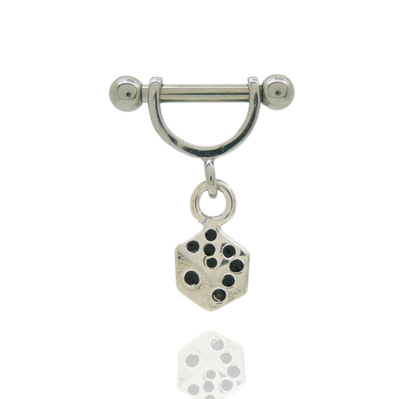 Piercing sexe barre, boules acier, pendentif dé en argent. CBo