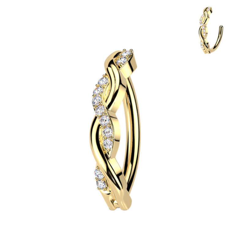 Piercing nombril entrelacé en acier chirurgical doré avec strass – tige 1,6mm x 10mm
