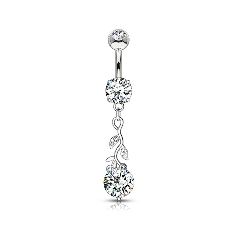 Piercing nombril pendentif feuilles et brillants blancs