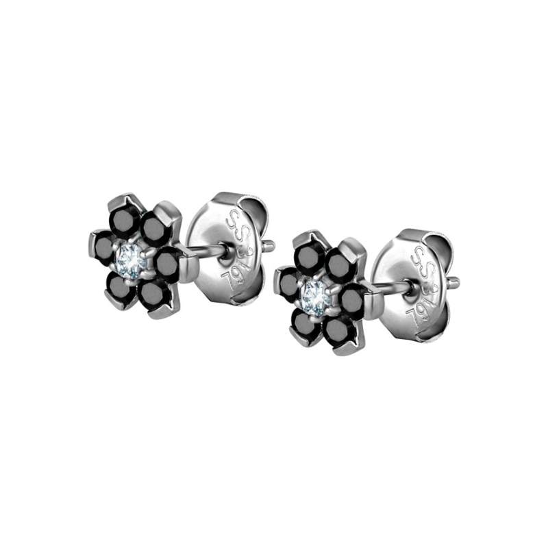 Boucle d'oreille fleur en acier et zircons bicolores