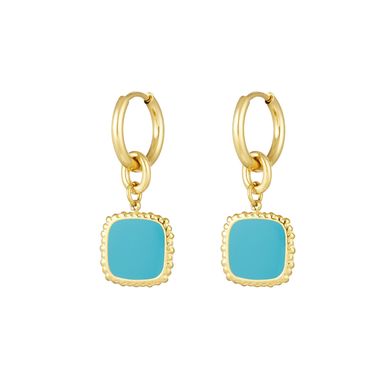 Boucles d'oreilles Nina avec pendentif carré vert ou turquoise - or