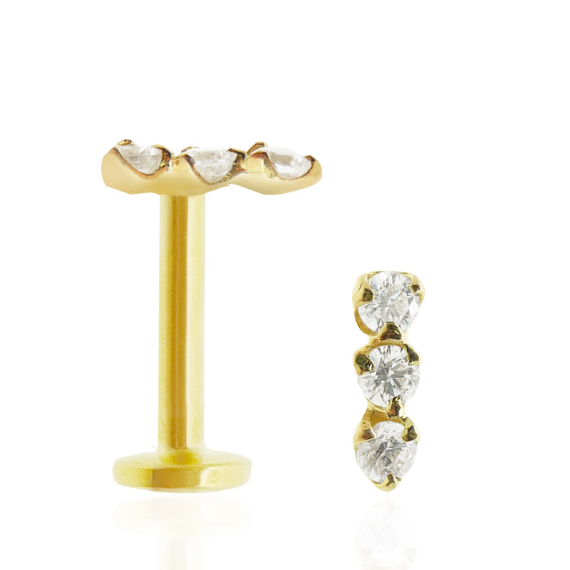 Piercing oreille or jaune avec 3 zircons