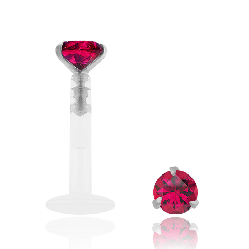 Piercing labret bioplast en or blanc avec rubis