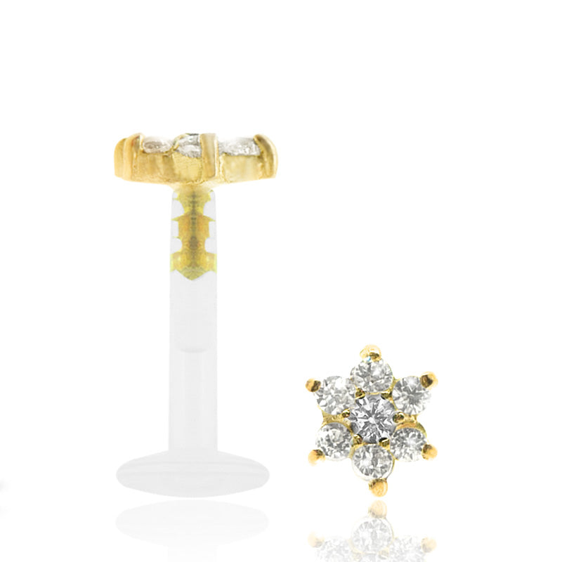 Piercing labret or jaune avec fleur zircon blanc