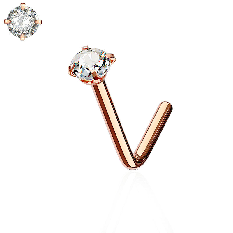 Piercing de nez acier couleur or rose avec brillant griffé (barre pliée)