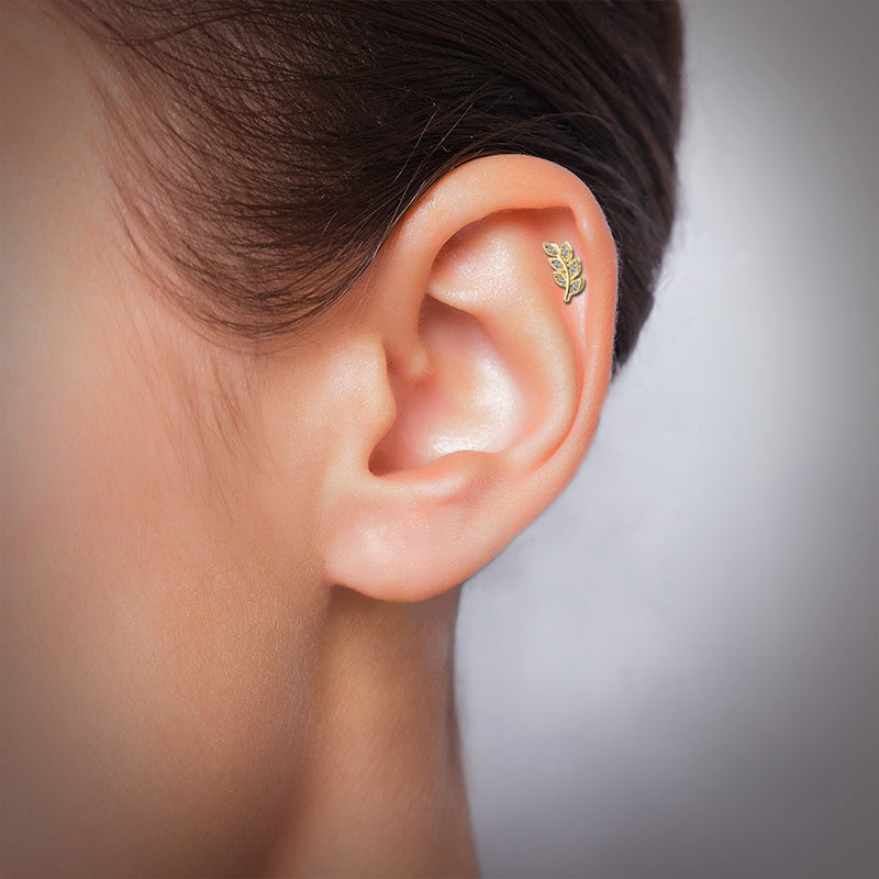 Piercing oreille en acier doré avec feuille