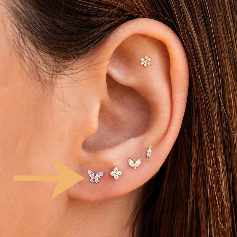 Boucle d’oreille papillon LILY en argent 925 doré portée au lobe