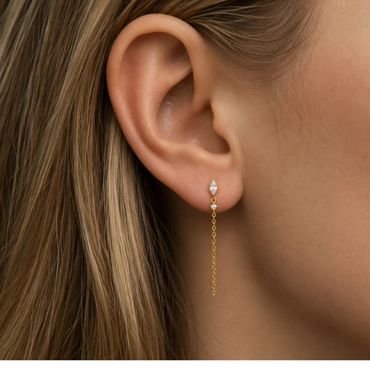Boucle d’oreille pendante en acier doré avec chaîne portée au lobe