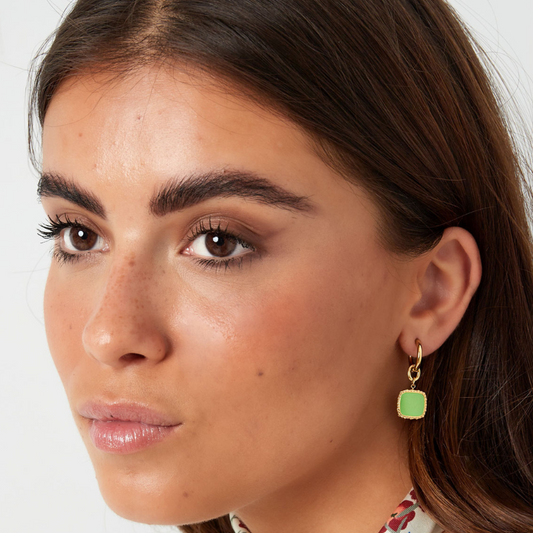 Boucles d'oreilles Nina avec pendentif carré vert ou turquoise - or