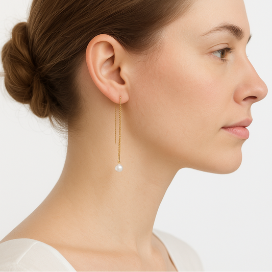 Boucle d’Oreille Pendante en Or Jaune 18 Carats avec Perle de Culture