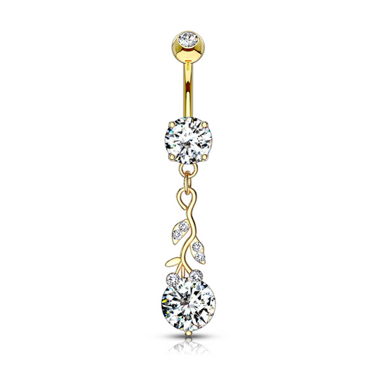 Piercing nombril pendentif feuilles et brillants blancs