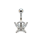 Piercing nombril papillon en acier chirurgical avec zircons blancs taille navette sur barre courbée 1,6 mm.