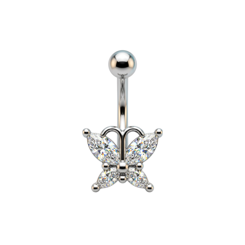 Piercing nombril papillon en acier chirurgical avec zircons blancs taille navette sur barre courbée 1,6 mm.