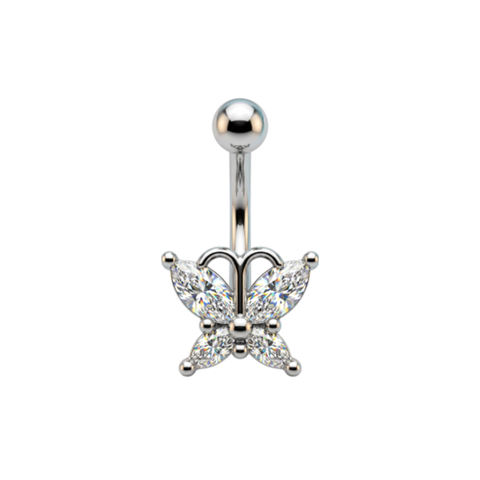 Piercing nombril papillon en acier chirurgical avec zircons blancs taille navette sur barre courbée 1,6 mm.