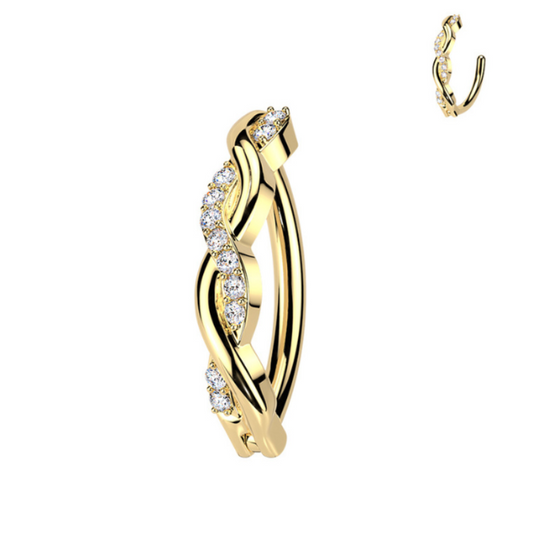 Piercing nombril entrelacé en acier chirurgical doré avec strass – tige 1,6mm x 10mm