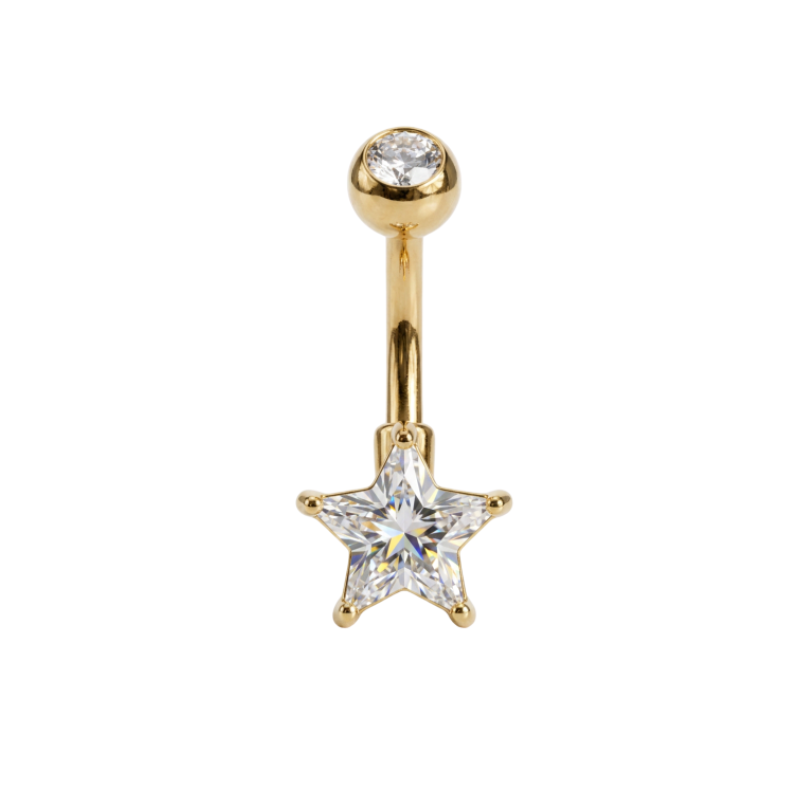 Piercing nombril étoile en acier chirurgical doré avec oxyde de zirconium, barre 1,6 x 10 mm.
