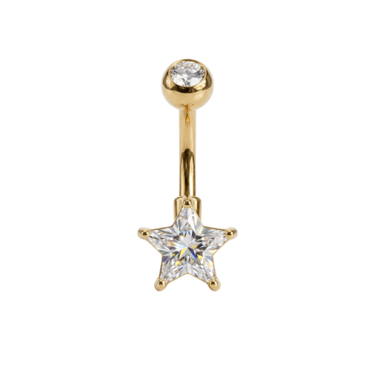 Piercing nombril étoile en acier chirurgical doré avec oxyde de zirconium, barre 1,6 x 10 mm.