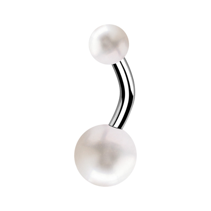 Piercing nombril en titane ASTM F-136 avec perles de culture véritables blanches 5 mm et 8 mm, barre courbée 1,6 x 10 mm pour peau sensible.