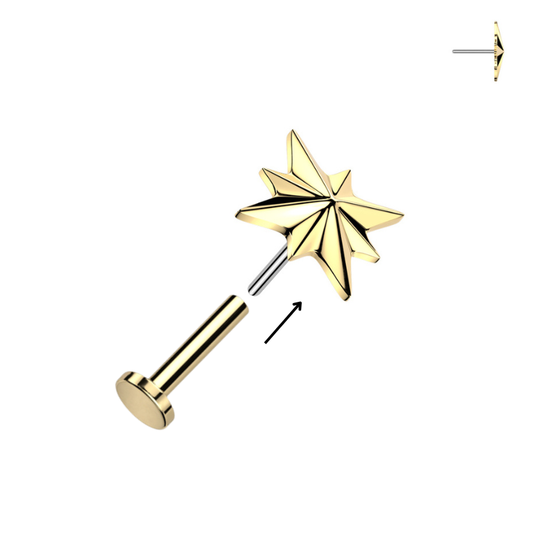 Piercing « Star » — Titane ASTM F136 plaqué or 24 carats (labret push-in)