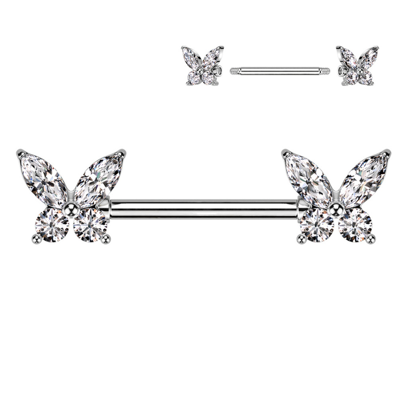 Piercing Téton Papillon Acier Chirurgical – Zircons Premium