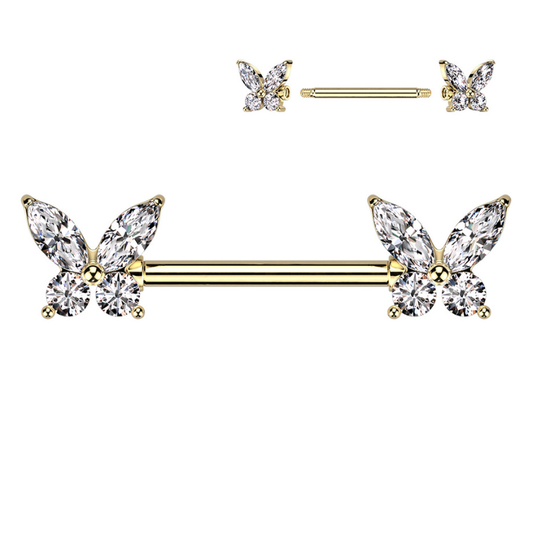 Piercing Téton Papillon Acier Chirurgical doré Zircons Premium