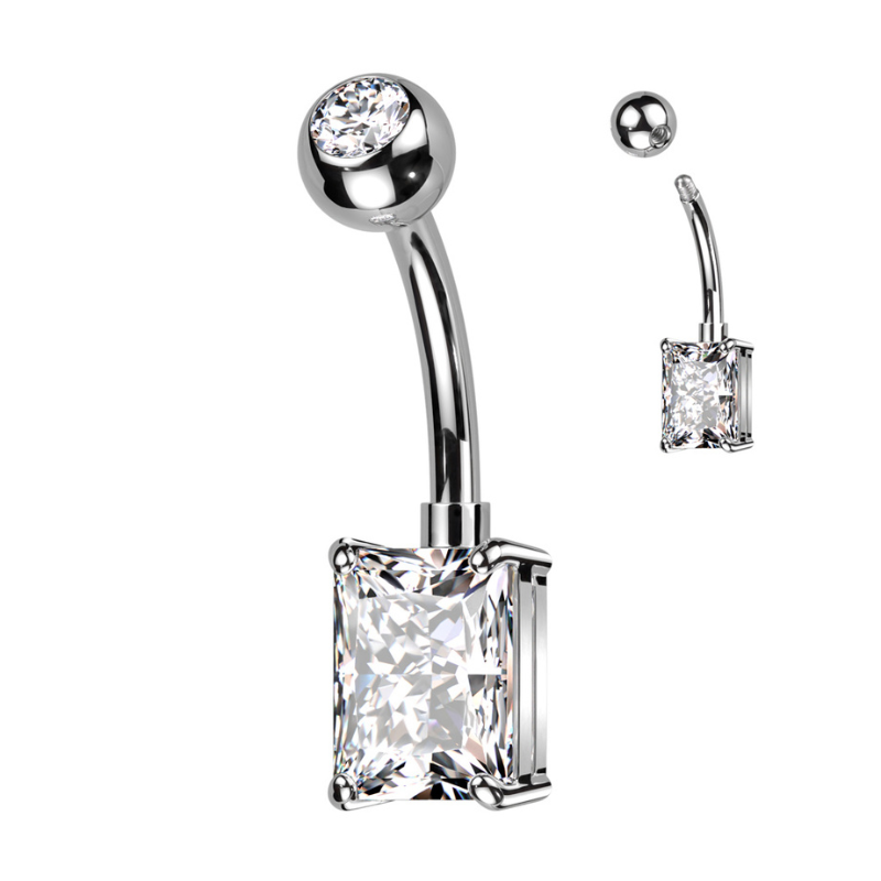 Piercing nombril en titane ASTM F136 avec zircon rectangle blanc