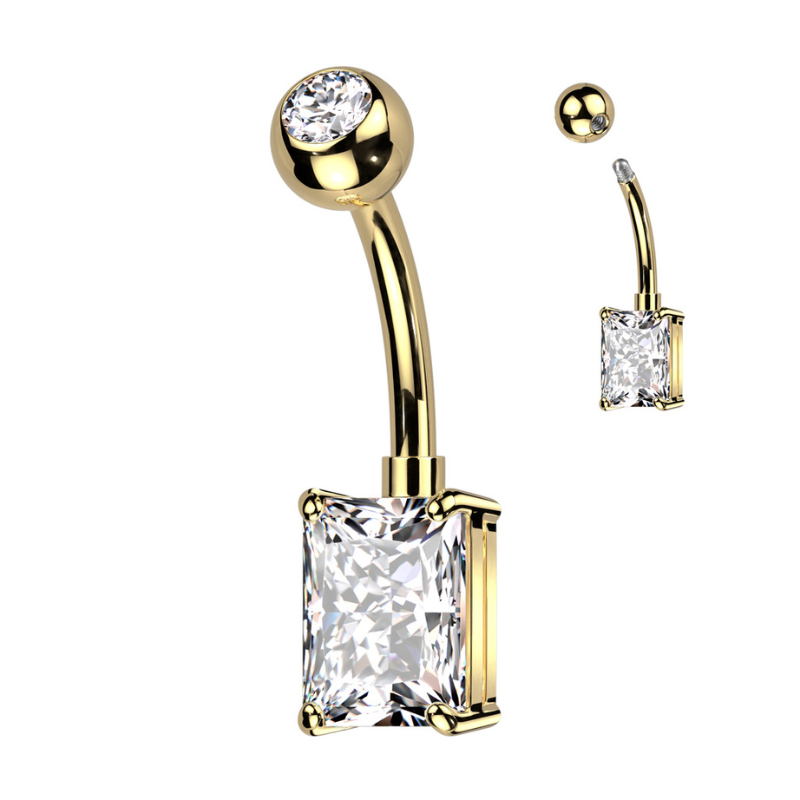 Piercing nombril en titane ASTM F136 doré avec zircon rectangle blanc
