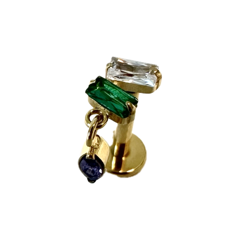 piercing oreille pendentif avec 3 pierres colorés