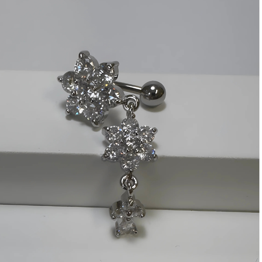 Piercing nombril pendentif inversé avec 2 fleurs en acier chirurgical