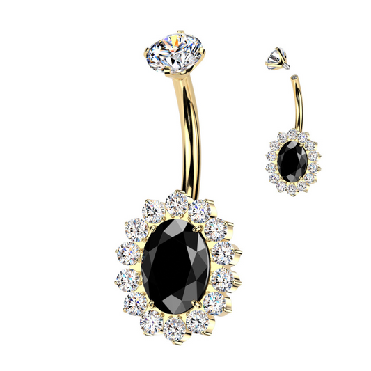 Piercing nombril titane gold PVD fleur zircon ovale noir