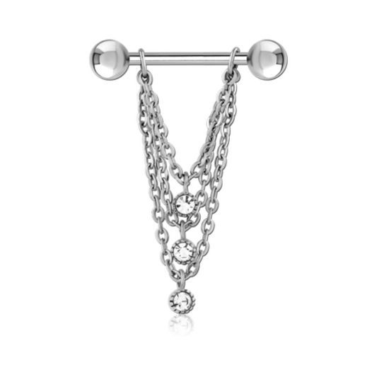 Piercing téton avec chaînes et brillants blancs en acier