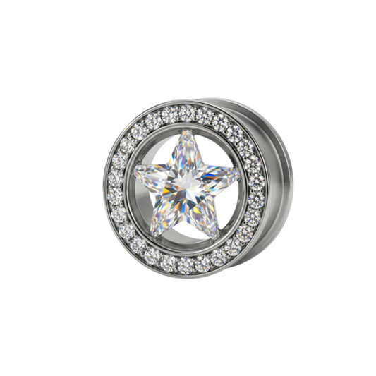 Plug tunnel en acier chirurgical diamètre 14 mm avec étoile en zircon blanc, contour pavé de zircons et fermeture à vis.