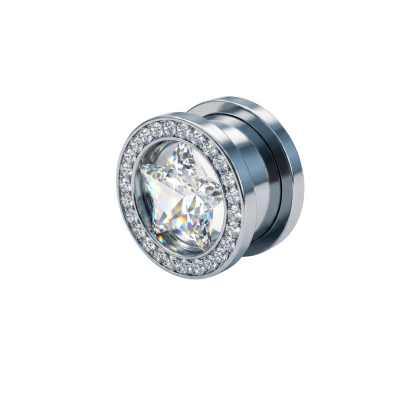 Plug tunnel en acier chirurgical diamètre 14 mm avec étoile en zircon blanc, contour pavé de zircons et fermeture à vis, vue de côté.