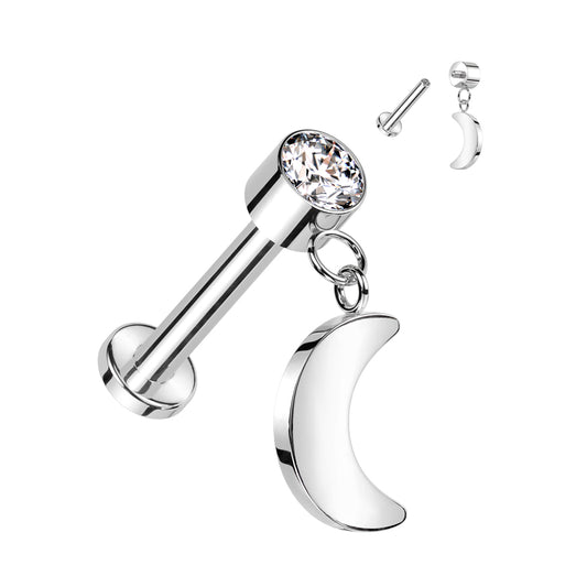 Piercing labret titane avec lune suspendue