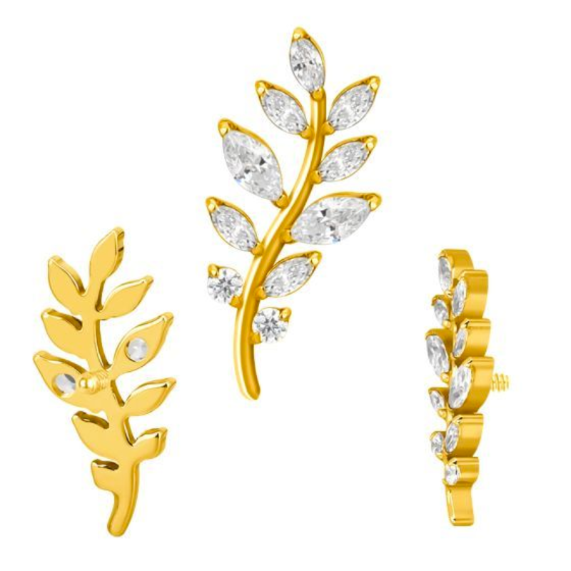 plusieurs vues du bijou micro labret titane PVD gold feuille piercing helix flat tragus ASTM F136