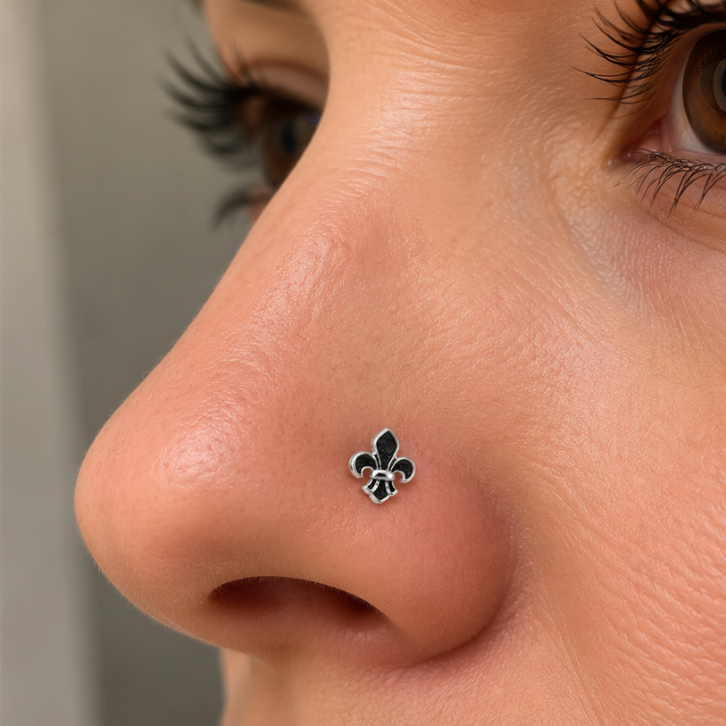 Piercing de nez fleur de lys argenté et noir porté sur la narine