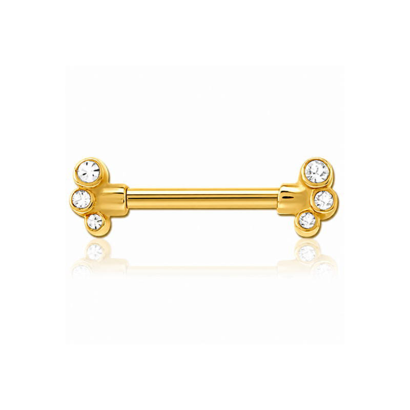 Piercing téton en acier plaqué or avec barre droite et trois oxydes de zirconium transparents à chaque extrémité.