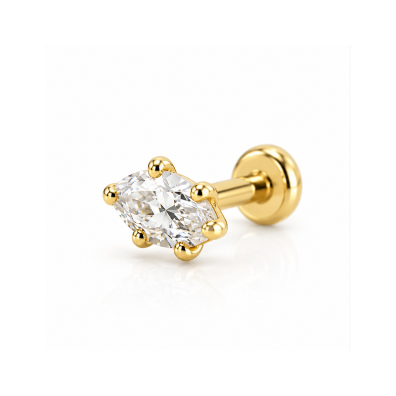 Piercing tragus doré avec pierre marquise et labret push clip à dos plat