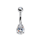 Piercing nombril en acier chirurgical argenté avec oxyde de zirconium en forme de goutte de 8 mm, barre 1,6 x 10 mm.