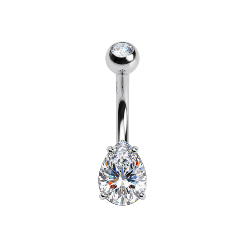 Piercing nombril en acier chirurgical argenté avec oxyde de zirconium en forme de goutte de 8 mm, barre 1,6 x 10 mm.