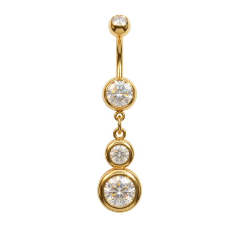 Piercing nombril en acier chirurgical doré avec pendentif de 30 mm composé de trois oxydes de zirconium sertis, barre 1,6 x 10 mm.