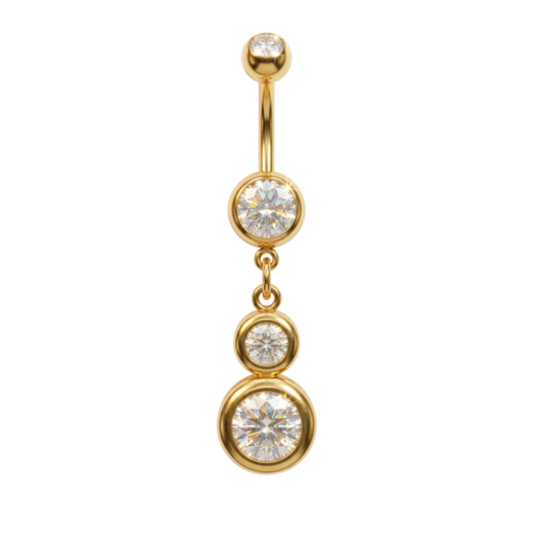 Piercing nombril en acier chirurgical doré avec pendentif de 30 mm composé de trois oxydes de zirconium sertis, barre 1,6 x 10 mm.