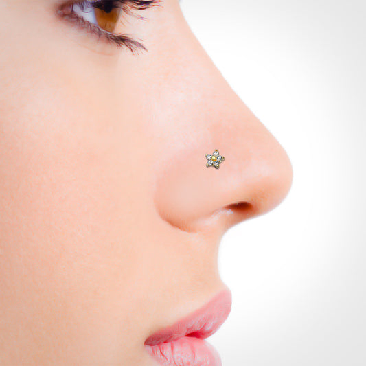 Piercing de nez acier doré avec fleur brillante (barre pliée)