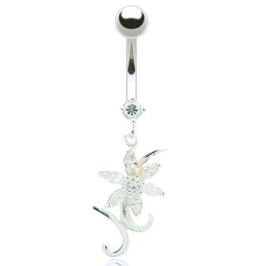 Piercing nombril pendentif avec fleur et zircons