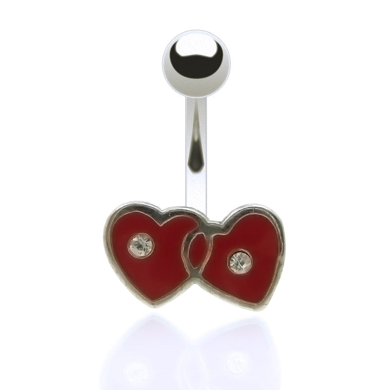 Piercing de nombril en acier avec double coeur argent